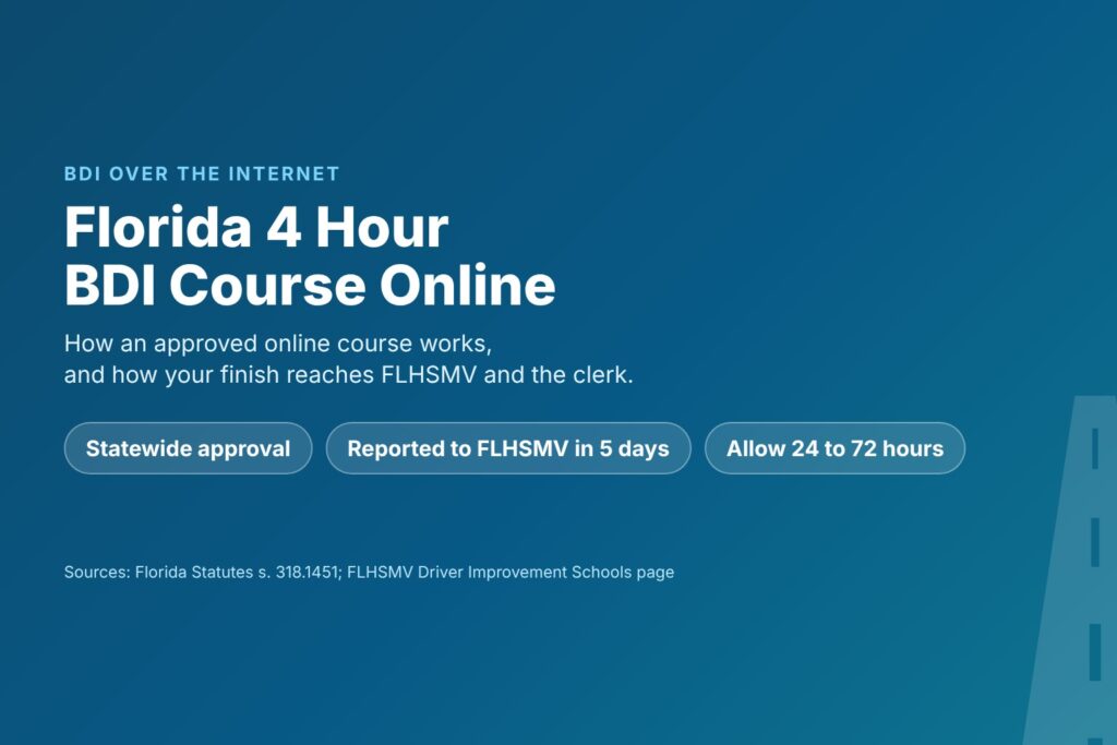 Blog Articles 8 Title card reading Florida 4 Hour BDI Course Online, with statewide approval, a 5-day report to FLHSMV and 24 to 72 hours to post