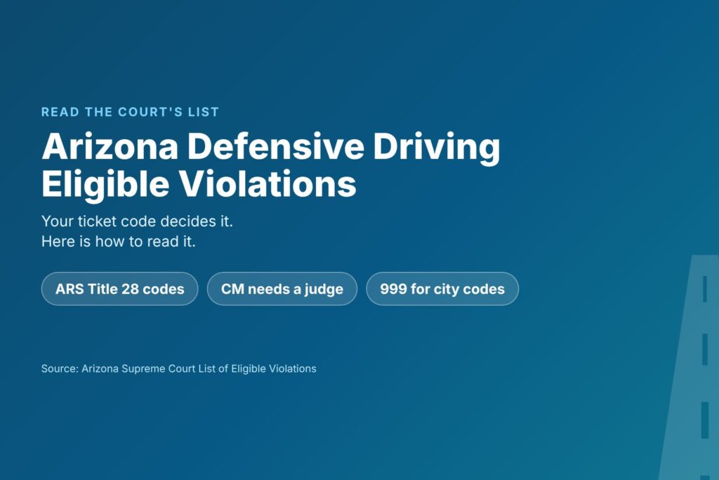 Blog Articles 1 Title card reading Arizona Defensive Driving Eligible Violations, how to read the court list