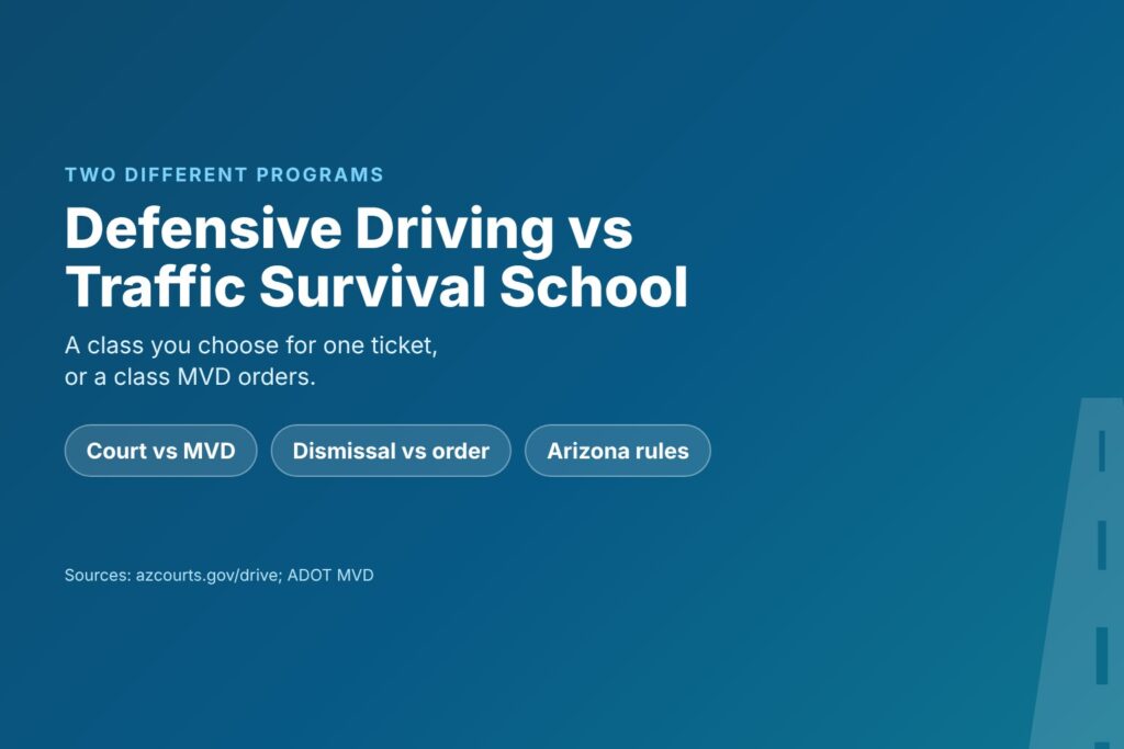 Blog Articles 1 Title card comparing Arizona defensive driving school and Traffic Survival School