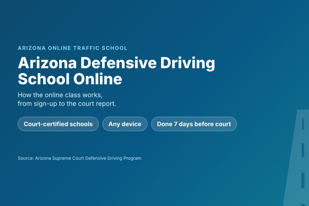 Blog Articles 10 Title card reading Arizona Defensive Driving School Online, how the course works