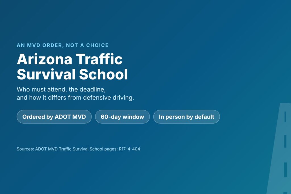 Blog Articles 5 Title card reading Arizona Traffic Survival School, who must attend and how it differs from defensive driving