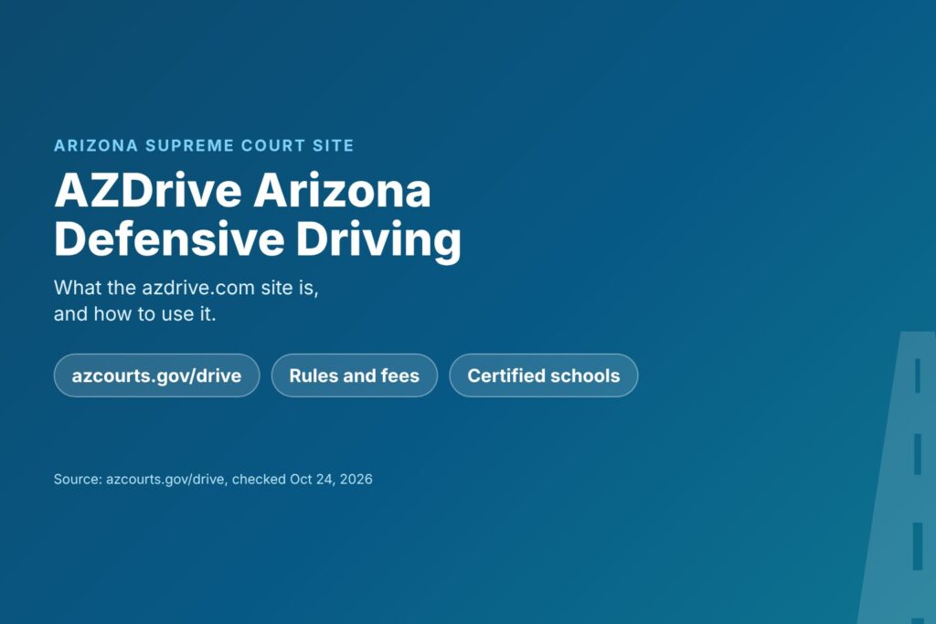 Blog Articles 9 Title card reading AZDrive Arizona Defensive Driving, what the site is and how to use it