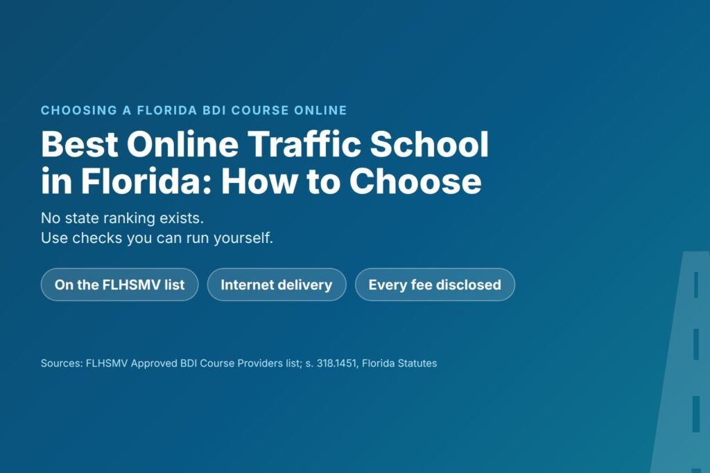 Blog Articles 7 Title card reading Best Online Traffic School in Florida, How to Choose, with chips for the FLHSMV list, Internet delivery and disclosed fees
