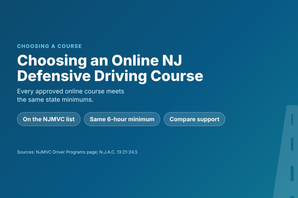 Blog Articles 3 Title card reading Choosing an Online NJ Defensive Driving Course, with chips for approval, rules and support