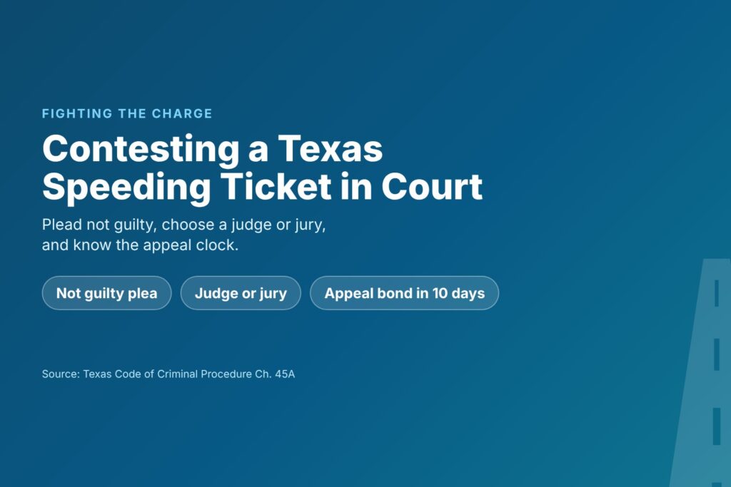 Blog Articles 1 Title card reading Contesting a Texas Speeding Ticket in Court, with a not guilty plea, a judge or jury trial and appeal deadlines