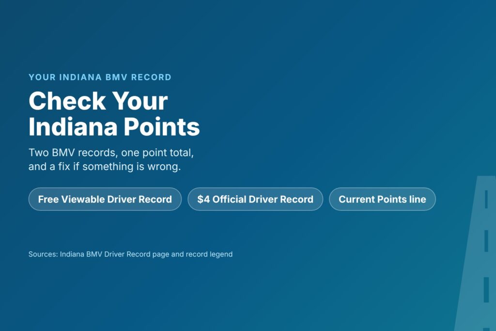 Blog Articles 9 Title card reading Check Your Indiana Points, with the free Viewable Driver Record, the 4 dollar Official Driver Record and the Current Points line