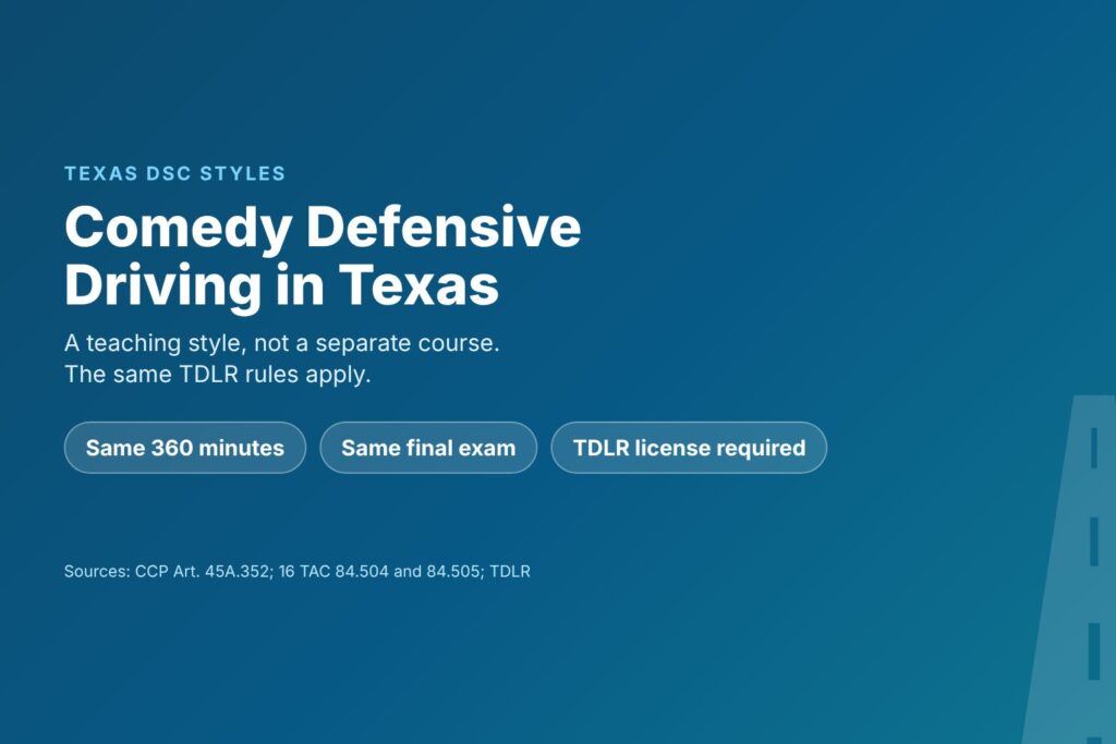 Blog Articles 10 Title card reading Comedy Defensive Driving in Texas, a teaching style with the same TDLR rules