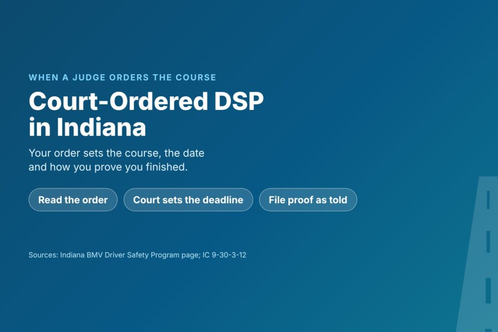 Blog Articles 8 Title card reading Court-Ordered DSP in Indiana, with chips for reading the order, the court deadline and filing proof