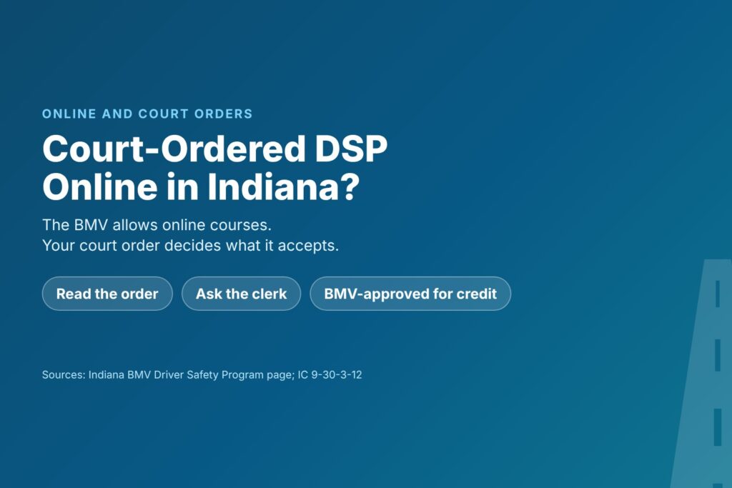 Blog Articles 7 Title card reading Court-Ordered DSP Online in Indiana, with chips for reading the order, asking the clerk and BMV approval for credit