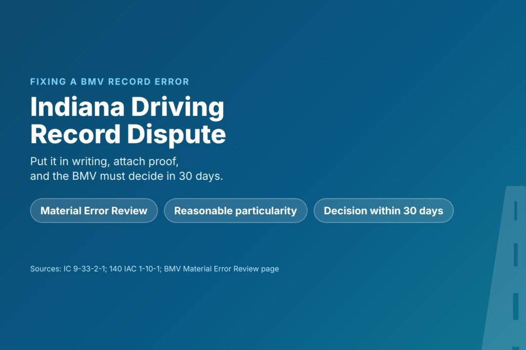 Blog Articles 6 Title card reading Indiana Driving Record Dispute, with a written request, supporting documents and a BMV decision within 30 days