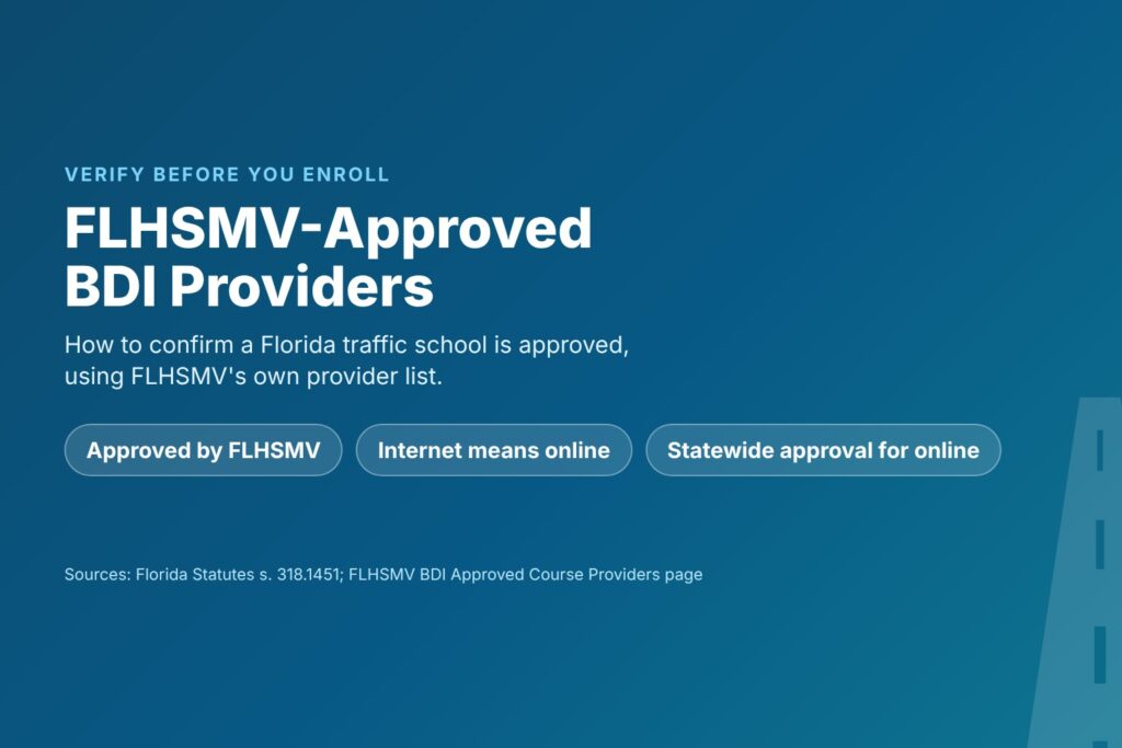 Blog Articles 3 Title card reading FLHSMV-Approved BDI Providers, with approval by FLHSMV, Internet delivery and statewide approval for online courses