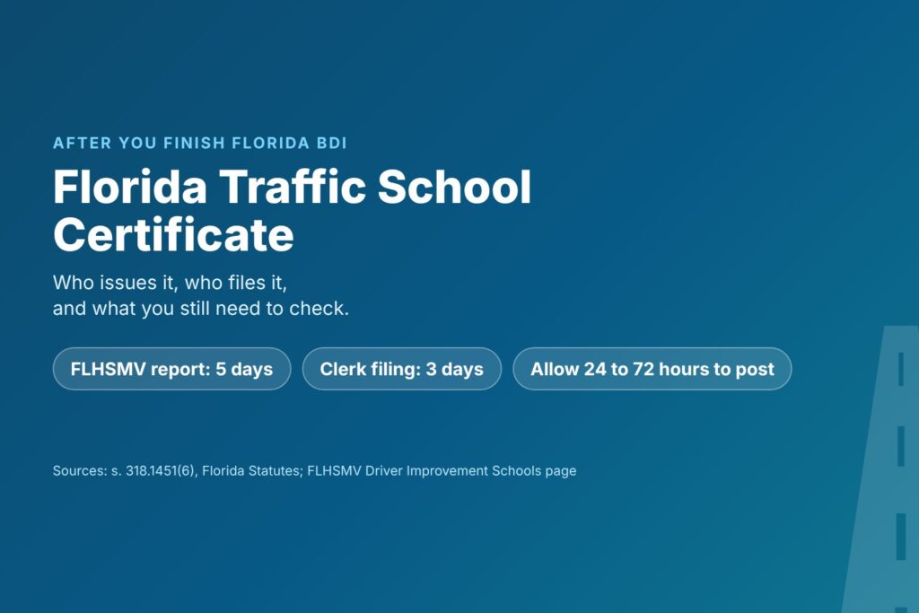 Blog Articles 2 Title card reading Florida Traffic School Certificate, with chips for the 5-day FLHSMV report, the 3-day clerk filing and 24 to 72 hours to post