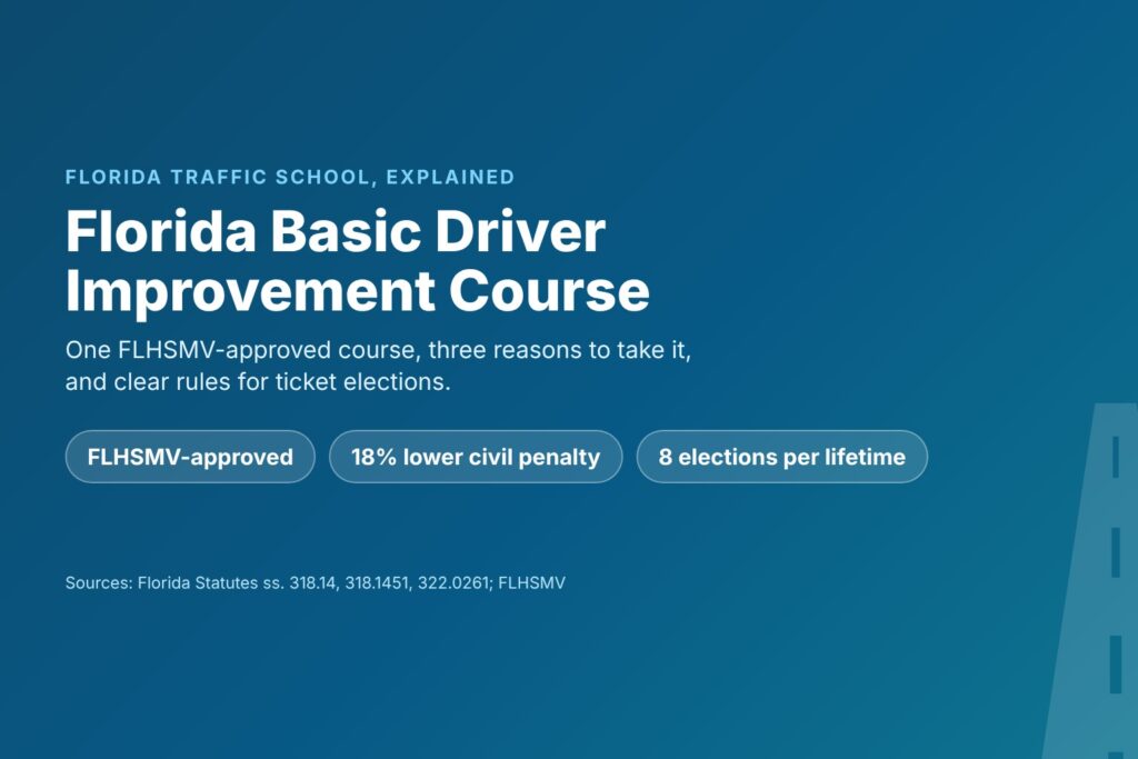 Blog Articles 1 Title card reading Florida Basic Driver Improvement Course, with FLHSMV approval, an 18 percent lower civil penalty and eight lifetime elections