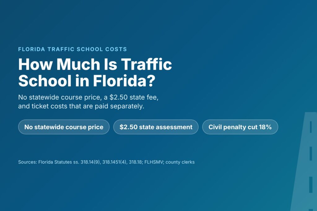 Blog Articles 10 Title card reading How Much Is Traffic School in Florida, with no statewide course price, a $2.50 state fee and an 18 percent penalty cut