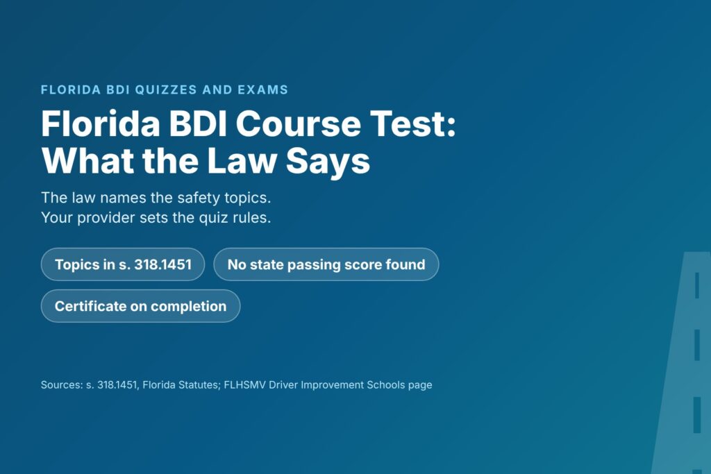 Blog Articles 7 Title card reading Florida BDI Course Test, What the Law Says, with chips for topics in s. 318.1451, provider rules and a certificate