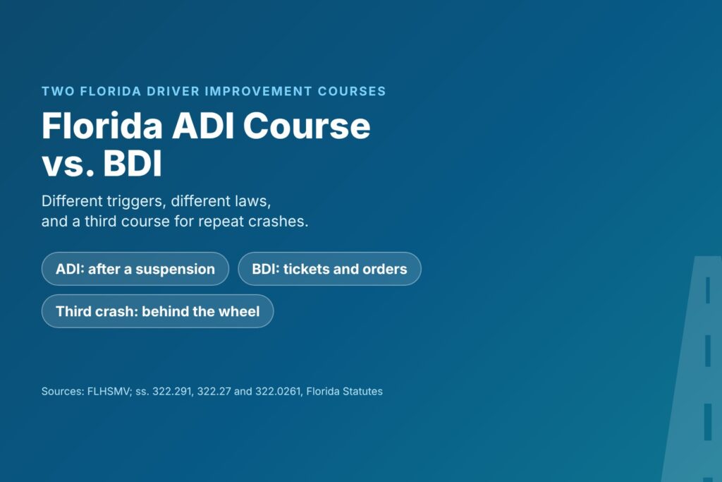 Blog Articles 6 Title card reading Florida ADI Course vs BDI, with chips for points suspensions, ticket elections and the separate third-crash course