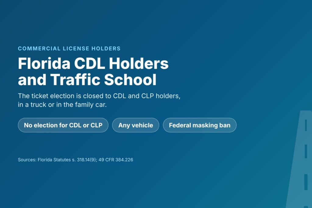 Blog Articles 4 Title card reading Florida CDL Holders and Traffic School, with no election for CDL or CLP holders, any vehicle, and the federal masking ban