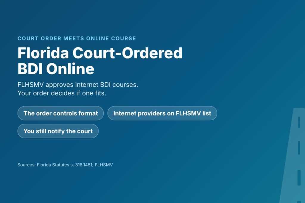 Blog Articles 3 Title card reading Florida Court-Ordered BDI Online, with the order deciding the format, FLHSMV-approved Internet providers and proof to the court