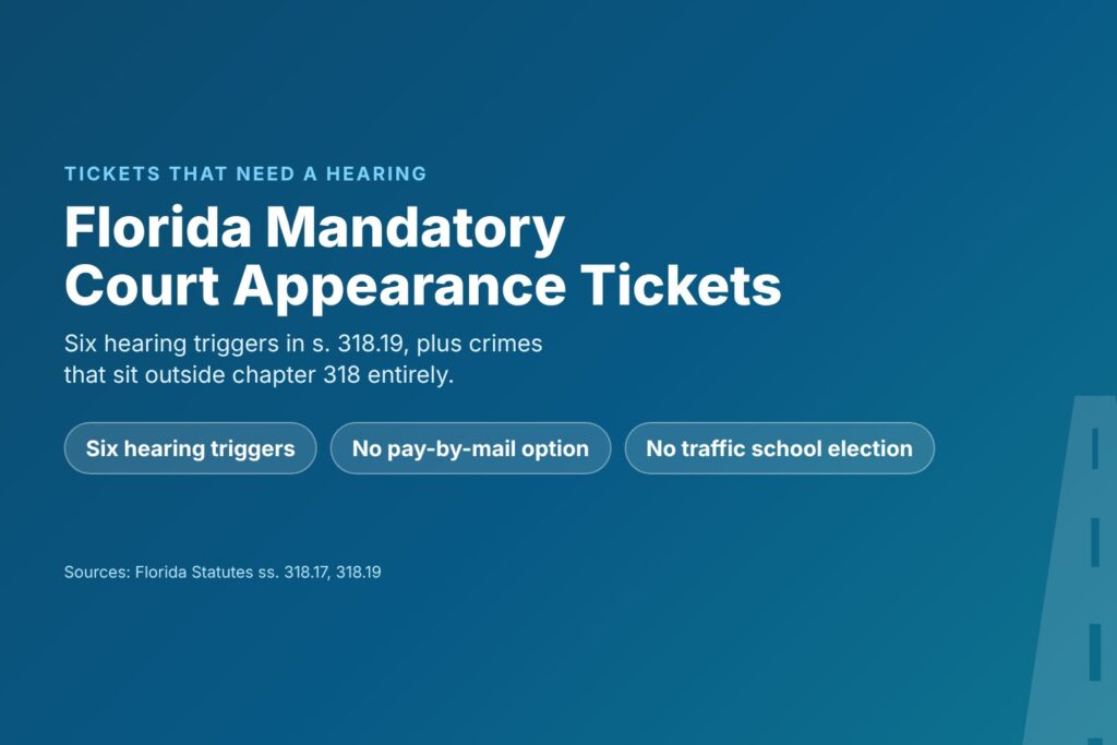 Blog Articles 8 Title card reading Florida Mandatory Court Appearance Tickets, with six s. 318.19 hearing triggers, no pay-by-mail and no traffic school election