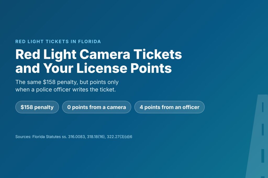 Blog Articles 7 Title card reading Florida Red Light Camera Tickets, with chips for a $158 penalty, 0 camera points and 4 officer points