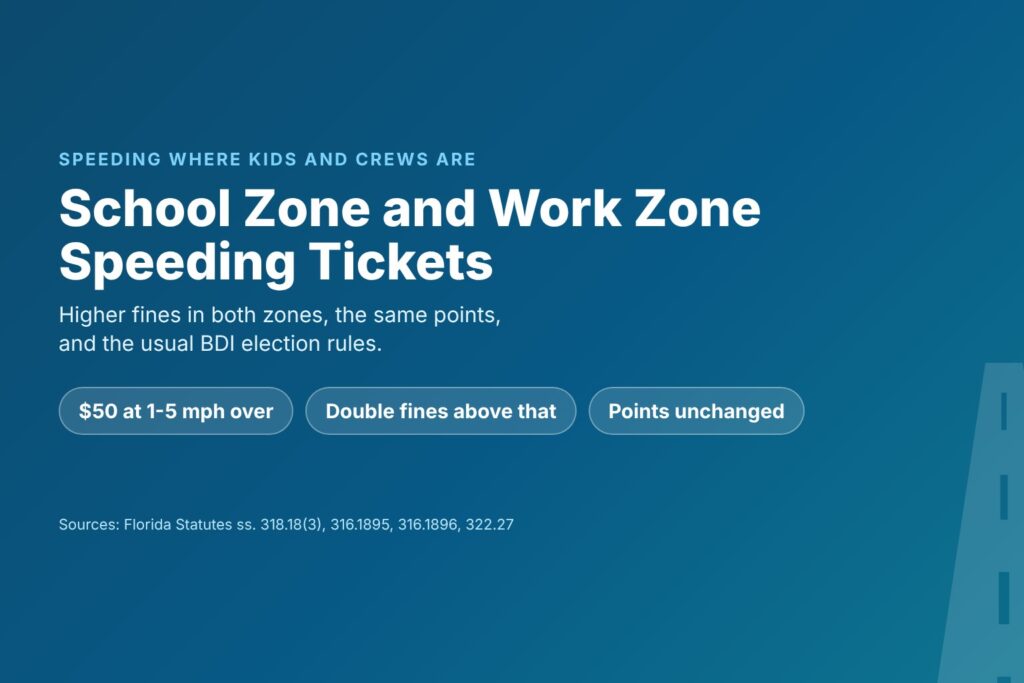 Blog Articles 6 Title card reading School Zone and Work Zone Speeding Tickets, with chips for the $50 school zone fine, doubled fines and unchanged points