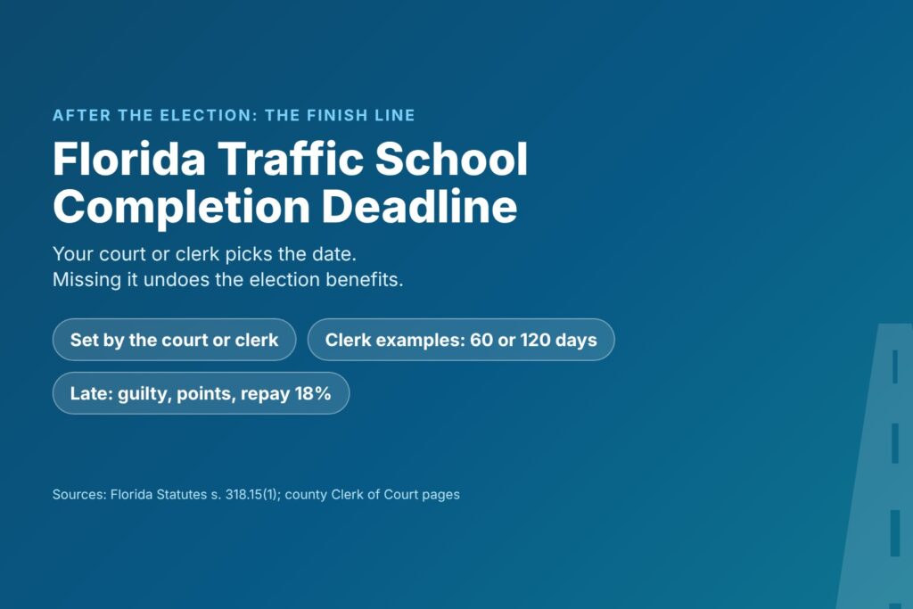 Blog Articles 2 Title card reading Florida Traffic School Completion Deadline, with the court or clerk date, 60 or 120 day clerk examples and the cost of missing it