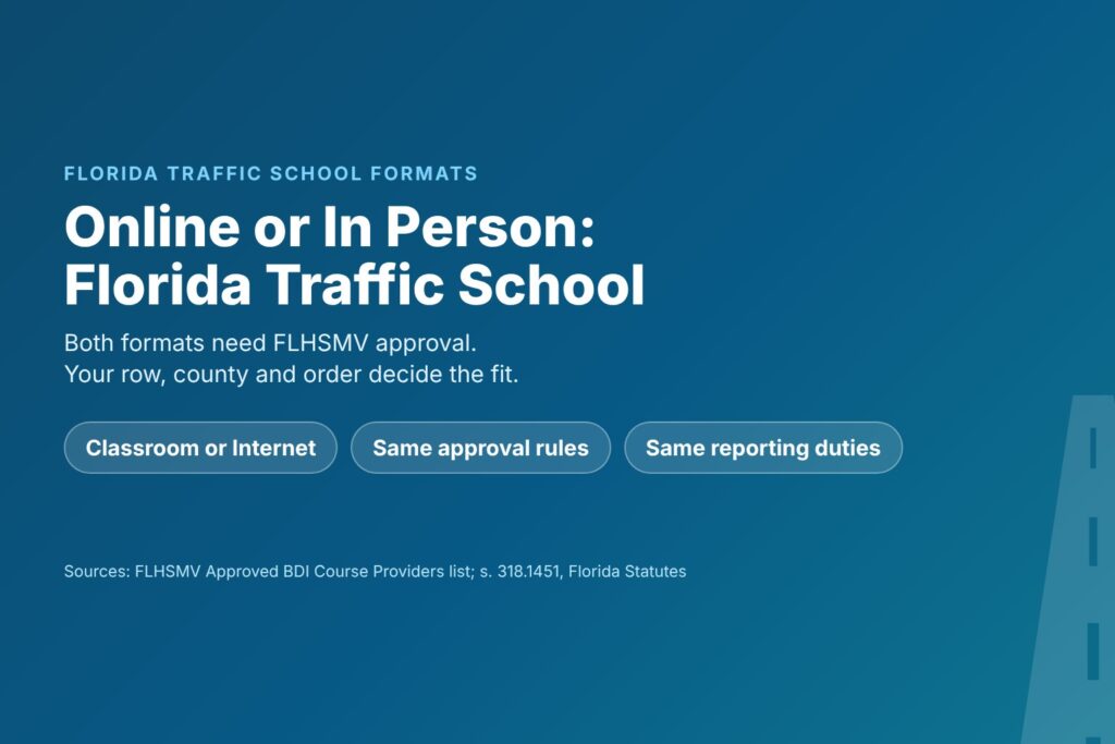 Blog Articles 9 Title card reading Online or In Person, Florida Traffic School, with chips for Classroom or Internet delivery, FLHSMV approval and reporting rules