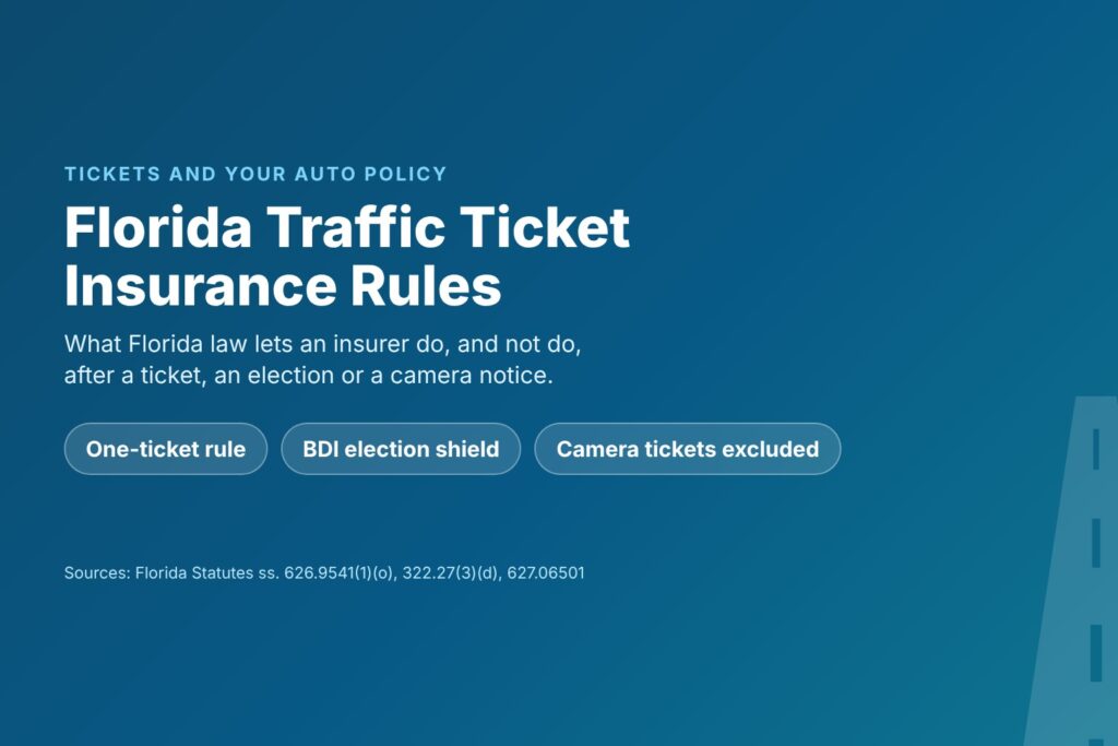 Blog Articles 6 Title card reading Florida Traffic Ticket Insurance, with chips for the one-ticket rule, the BDI election rule and camera tickets