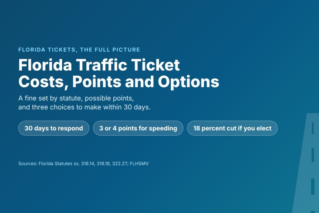 Blog Articles 5 Title card reading Florida Traffic Ticket Costs, Points and Options, with chips for 30 days, 3 or 4 points and an 18 percent cut