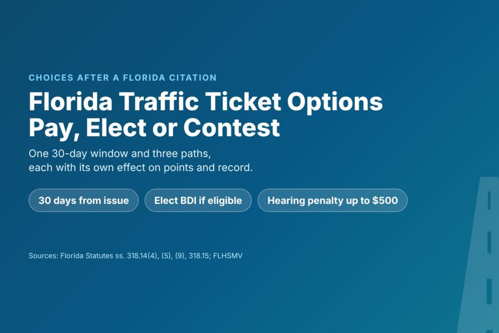 Blog Articles 3 Title card reading Florida Traffic Ticket Options, with chips for 30 days, pay, elect BDI and ask for a hearing