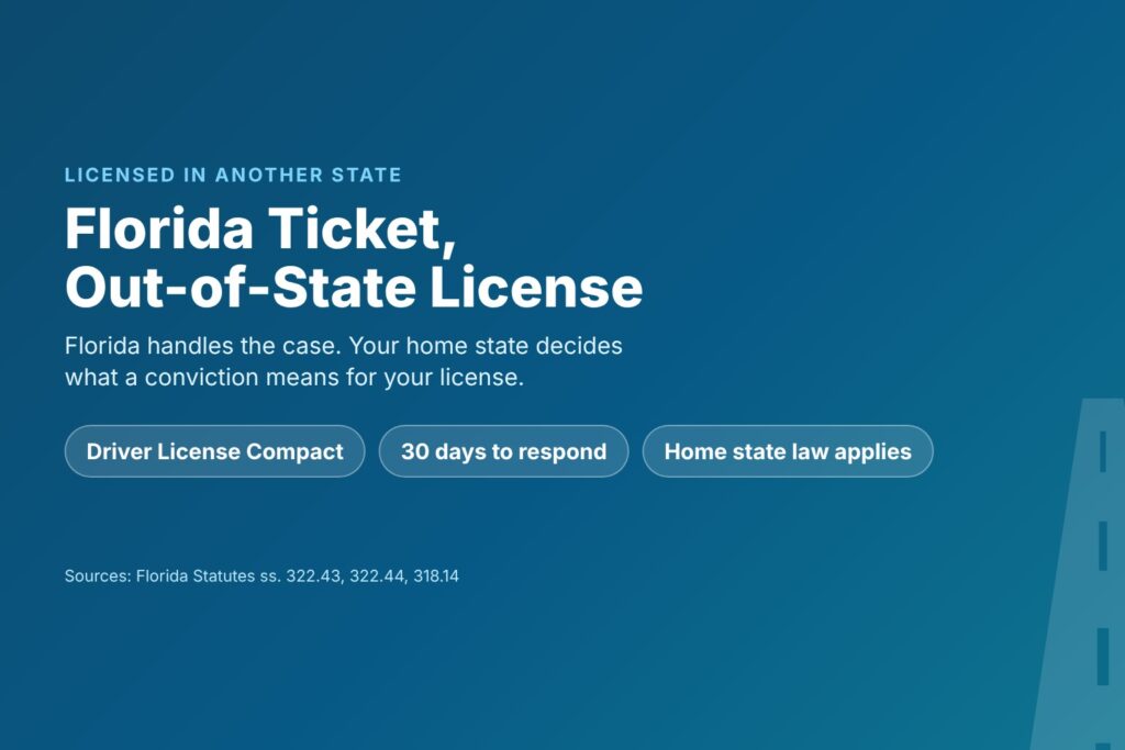 Blog Articles 2 Title card reading Florida Ticket, Out-of-State License, with chips for the compact, the 30-day window and home state law