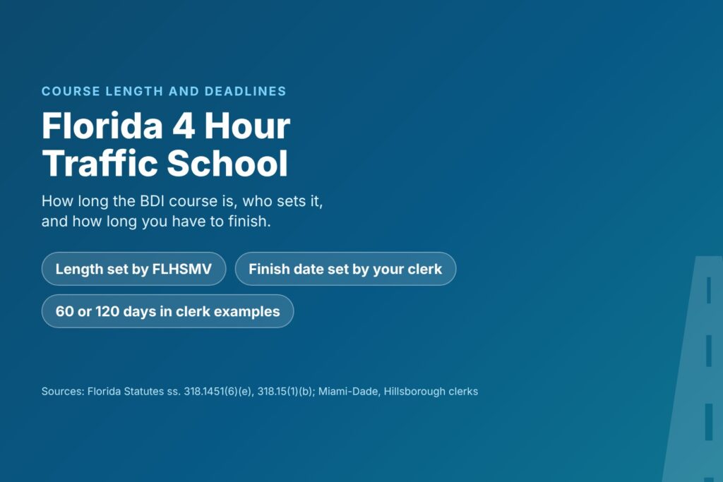 Blog Articles 9 Title card reading Florida 4 Hour Traffic School, with course length set by FLHSMV and finish dates set by the clerk
