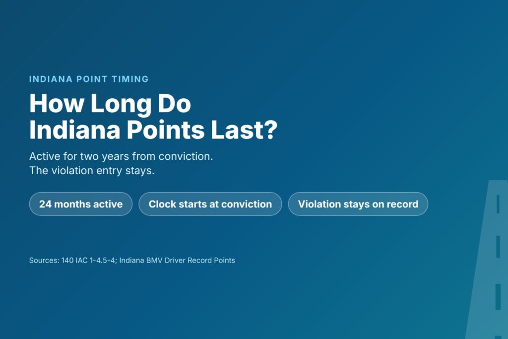 Blog Articles 2 Title card asking How Long Do Indiana Points Last, with 24 months active, the clock starting at conviction and the violation staying on record