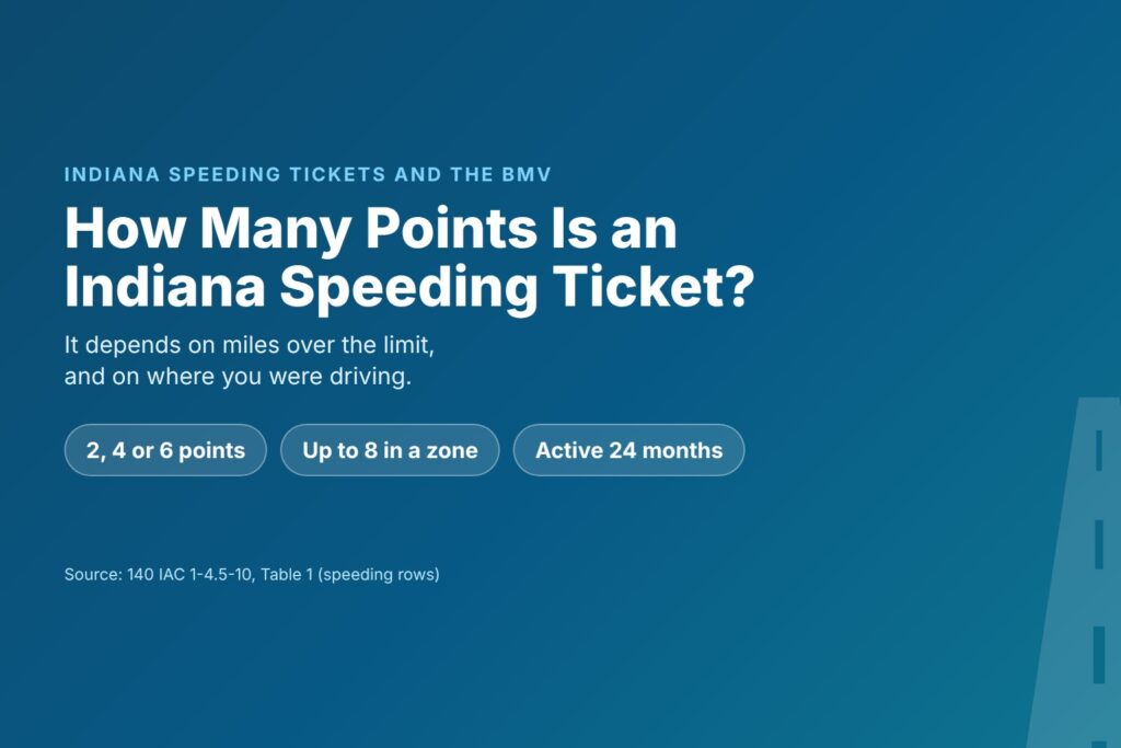 Blog Articles 10 Title card asking How Many Points Is an Indiana Speeding Ticket, with 2, 4 and 6 points by speed and up to 8 in school and work zones