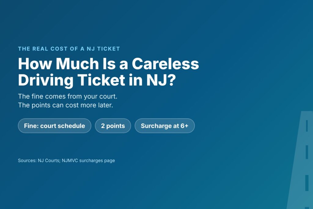 Blog Articles 10 Title card asking how much a careless driving ticket costs in New Jersey, with fine, surcharge and insurance chips
