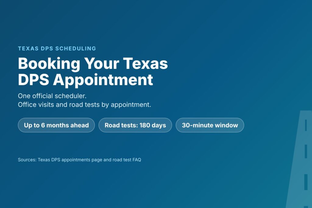 Blog Articles 7 Title card reading Booking Your Texas DPS Appointment, with six months ahead and 30-minute arrival rules