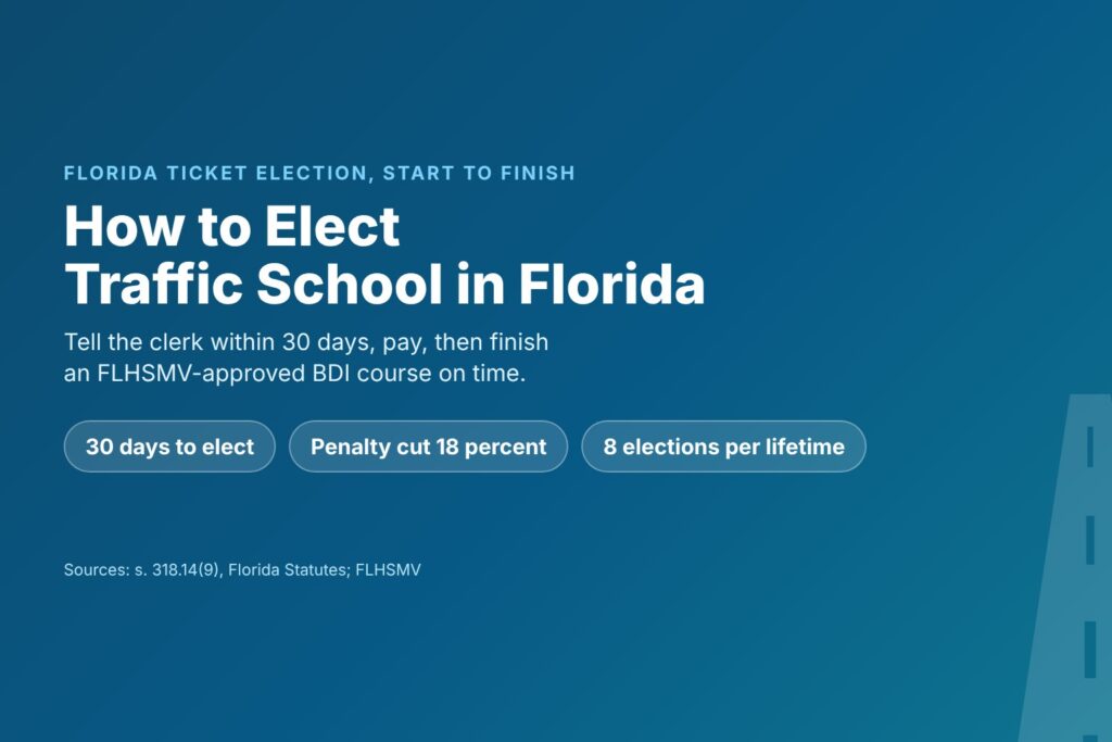 Blog Articles 4 Title card reading How to Elect Traffic School in Florida, with 30 days to elect, an 18 percent penalty cut and eight elections per lifetime