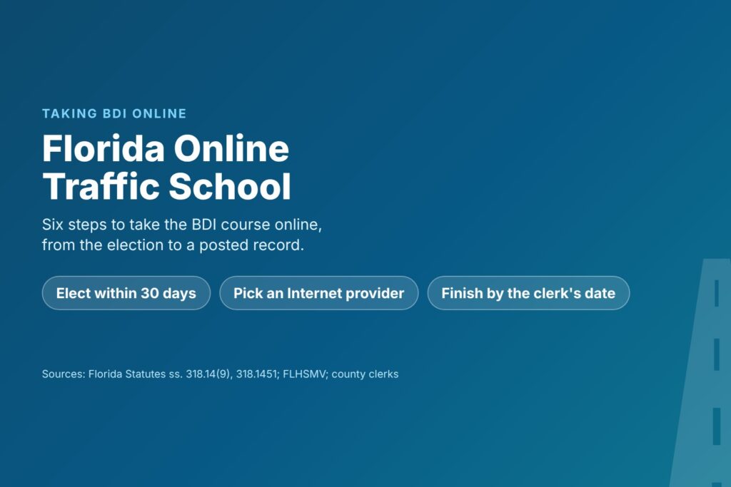 Blog Articles 3 Title card reading Florida Online Traffic School, How to Take the BDI Course, with six steps from election to a posted record
