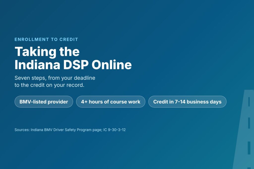 Blog Articles 8 Title card reading Taking the Indiana DSP Online, with seven steps from deadline check to 4-point credit