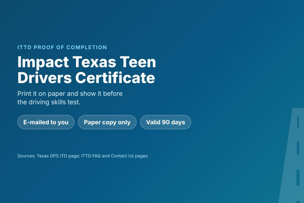 Blog Articles 6 Title card reading Impact Texas Teen Drivers Certificate, print it and use it within 90 days