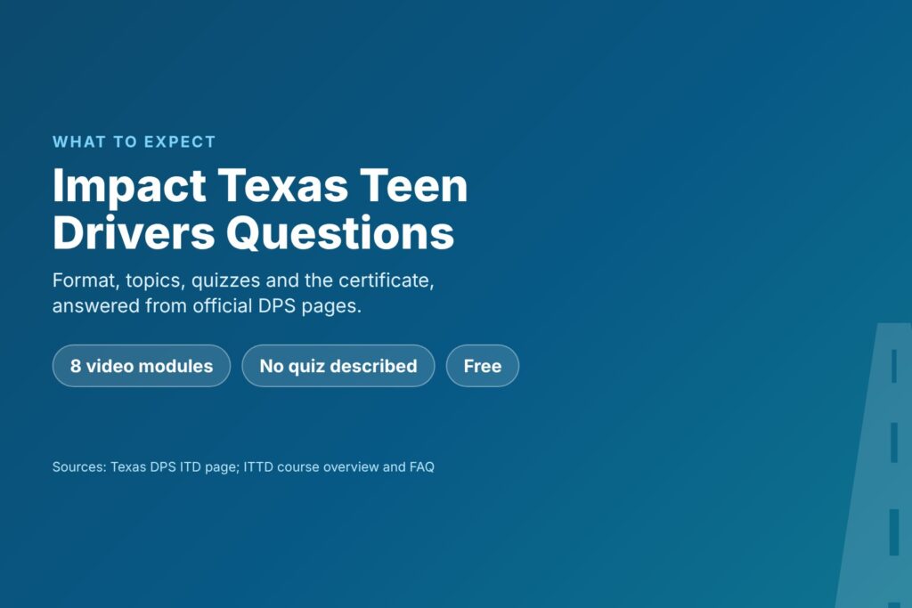 Blog Articles 3 Title card reading Impact Texas Teen Drivers Questions, what to expect in the course
