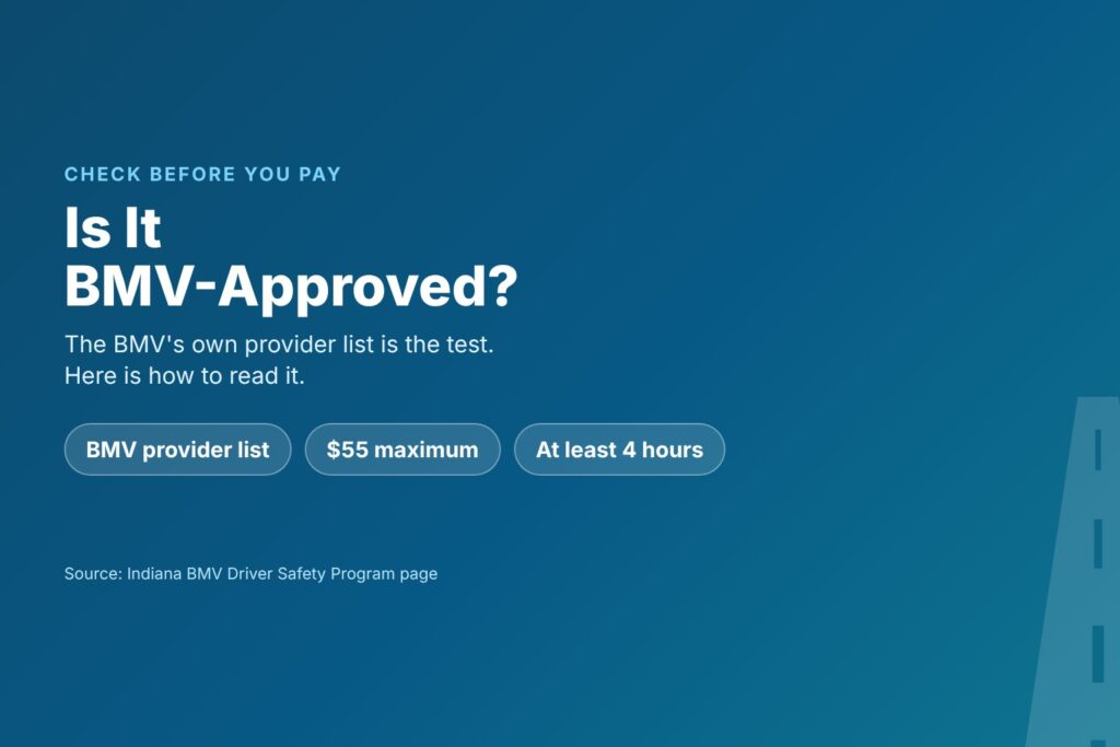 Blog Articles 7 Title card reading Is It BMV-Approved, with the BMV provider list, a $55 maximum and at least 4 hours