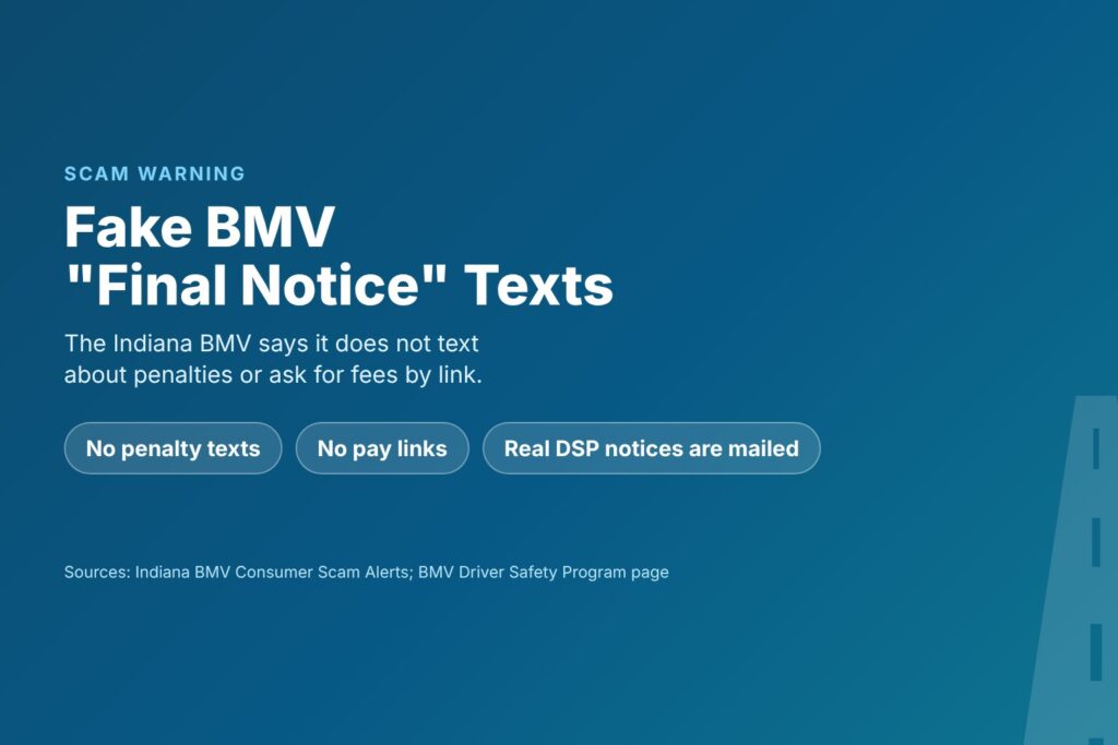 Blog Articles 5 Title card reading Fake Final Notice Texts, with chips saying the BMV does not text about penalties and real DSP notices come by mail