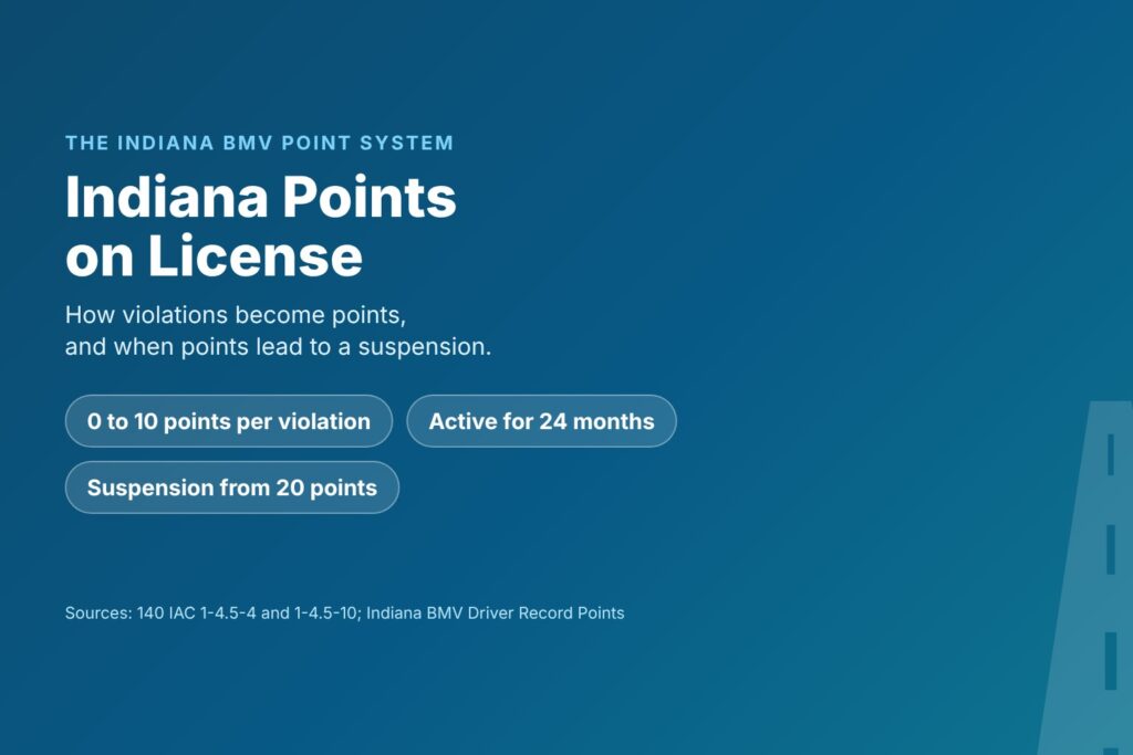 Blog Articles 4 Title card reading Indiana Points on License, with 0 to 10 points per violation, 24 months active and suspension from 20 points