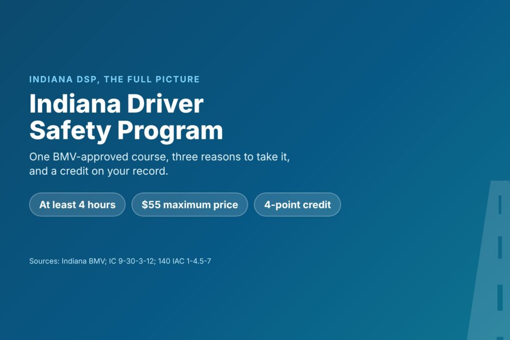 Blog Articles 9 Title card reading Indiana Driver Safety Program, with at least 4 hours, a $55 maximum price and a 4-point credit