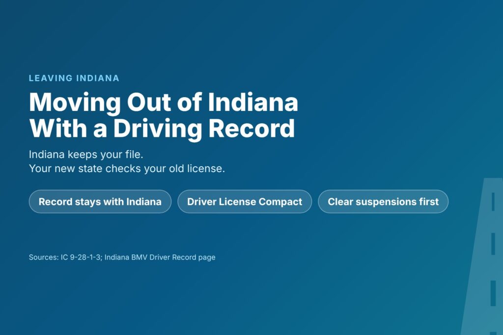 Blog Articles 3 Title card reading Moving Out of Indiana, with Indiana keeping your record, the Driver License Compact and a license check in the new state