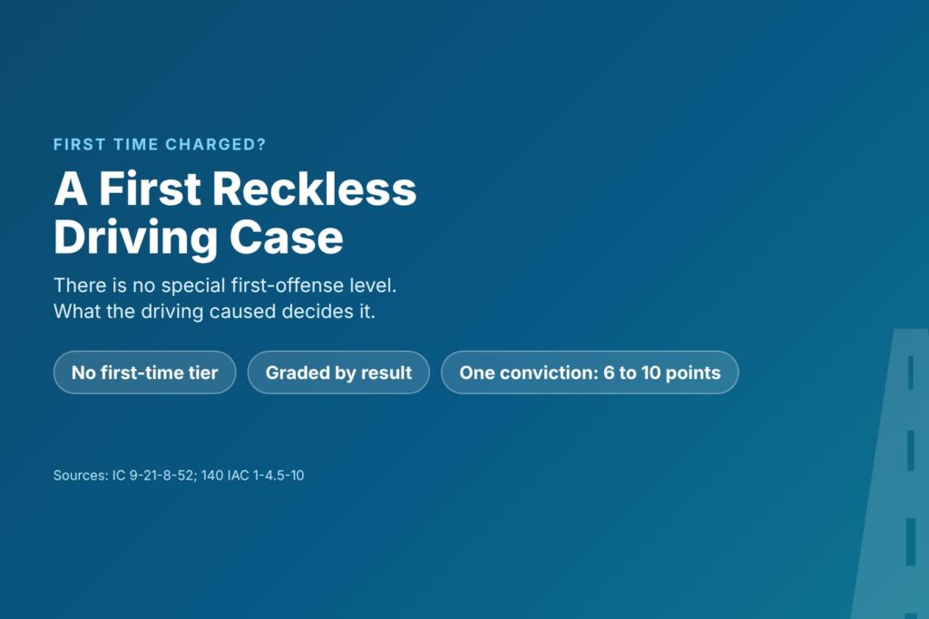 Blog Articles 9 Title card reading Reckless Driving First Offense in Indiana, with chips for no first-offense tier, the result sets the level and 6 to 10 points