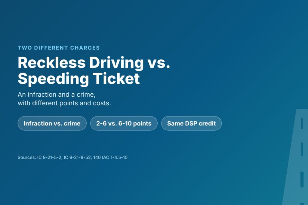 Blog Articles 8 Title card reading Reckless Driving vs. Speeding Ticket in Indiana, with chips for infraction vs. crime, 2 to 6 vs. 6 to 10 points and the same DSP credit