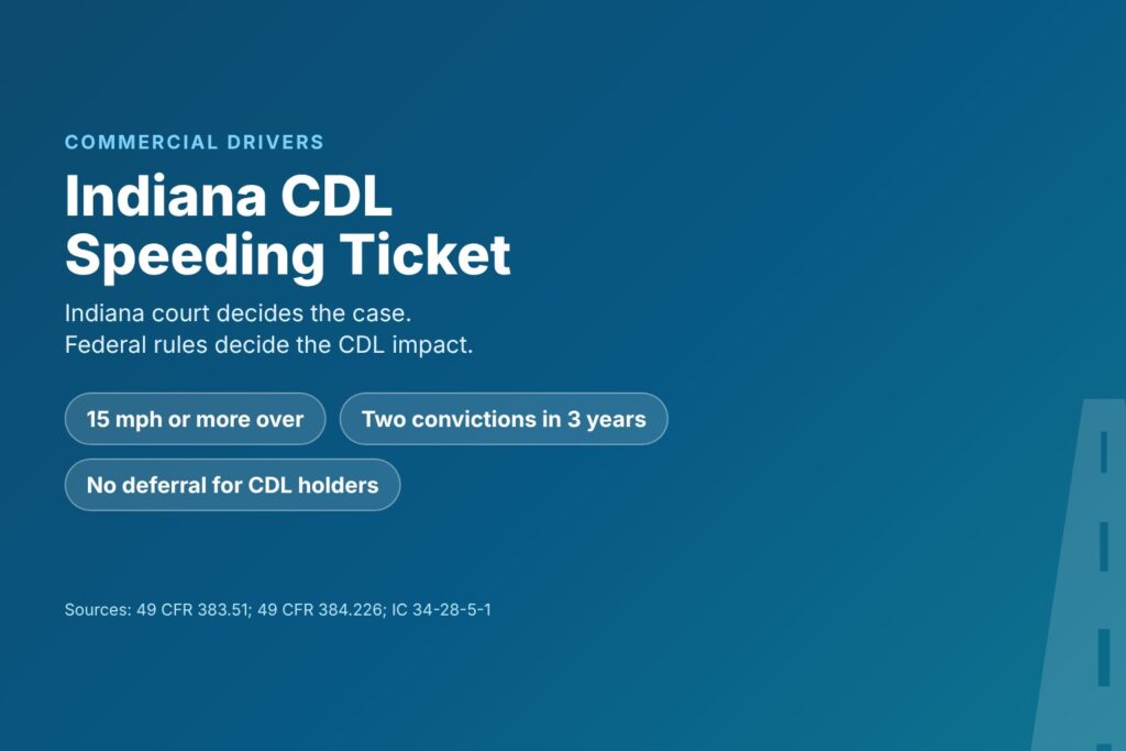 Blog Articles 6 Title card reading Indiana CDL Speeding Ticket, with chips for 15 mph or more over, two convictions in 3 years and no deferral for CDL holders