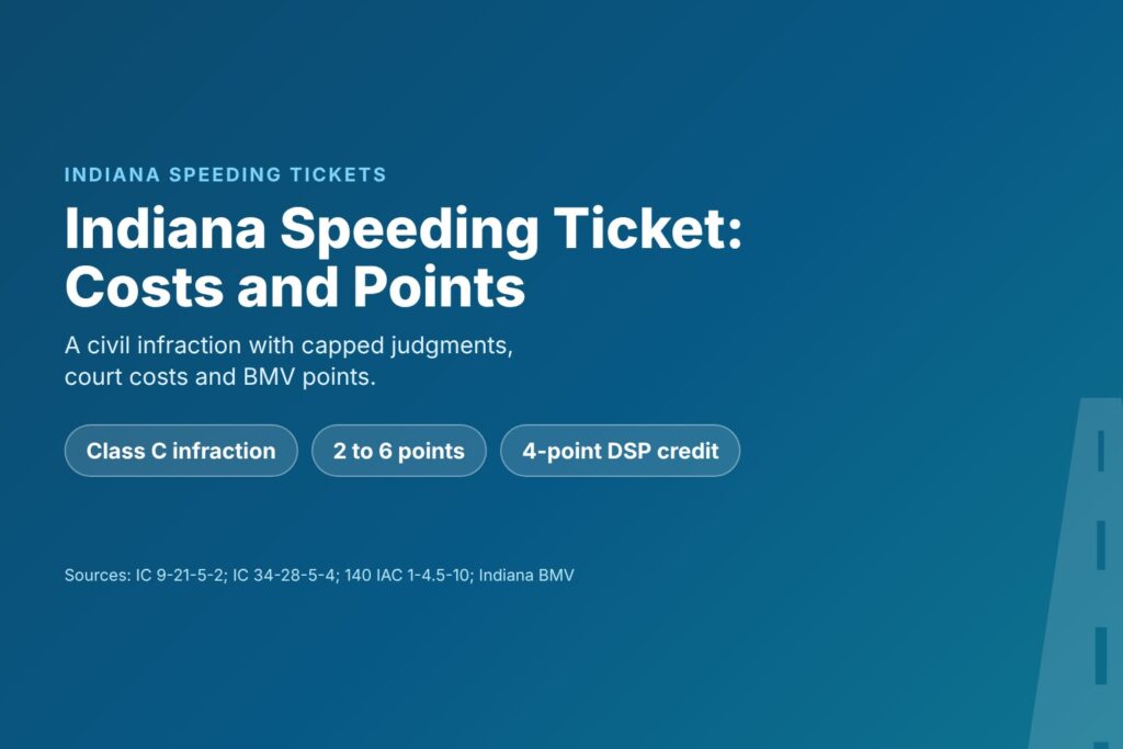 Blog Articles 5 Title card reading Indiana Speeding Ticket, with Class C infraction, 2 to 6 points and a 4-point DSP credit